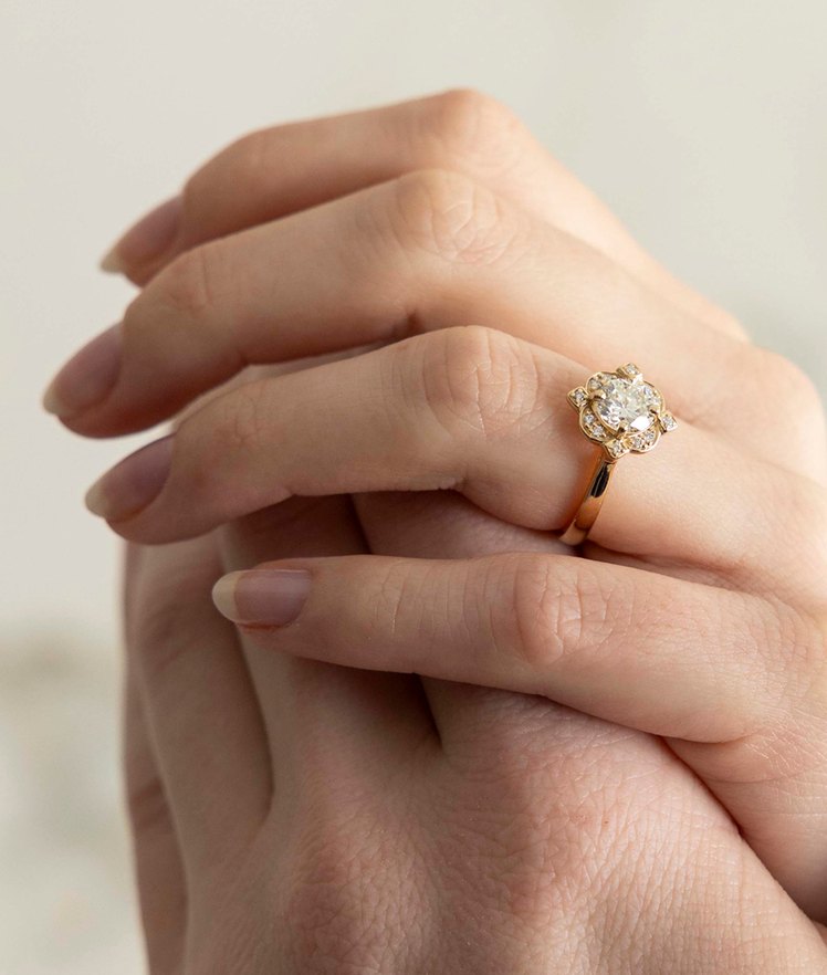 An engagement ring worn on the hand