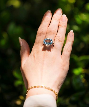 A client wearing a Perry’s aquamarine ring