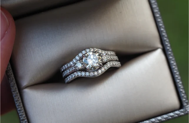 A diamond halo engagement ring with a matching wedding band in a ring box